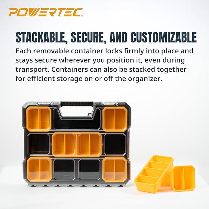 POWERTEC Small Parts Organizer & Tool Box – 20 Compartments, IP65 Water & Dust Protection, Stackable Storage with Interlocking Latch, Removable Bin, Divider, Clear Lid, Portable Design, 2PK (72366-P2)