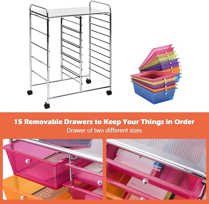 LDAILY 15 Drawer Rolling Storage Cart, Rolling Cart with Drawers for Classroom, Art Supply Craft Organizer on Wheel with Metal Frame & Handles for Home Office School