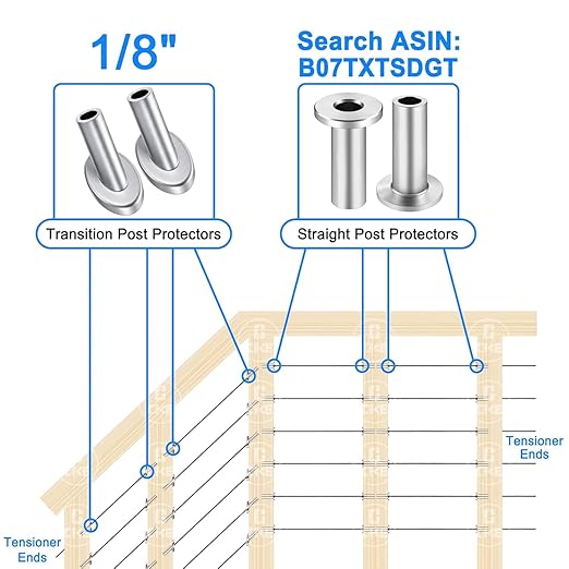 [Patent Design] CKE 20 Pack 45 Degree Angle Beveled Protector Sleeves, Wood Post Protector for 1/8" Cable Railing, T316 Marine Grade Stainless Steel Cable Railing Hardware with a Free Drill Bit