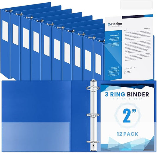 Henoyso 12 Pcs 3 Ring 2 Inch Binders Fits 8.5 x 11 Inch Letter Size Paper, Plastic Blue Flexible Binders with View Cover and 2 Pockets, 375 Sheets Capacity for Office School