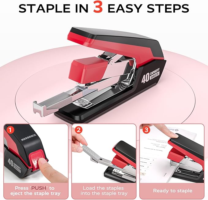 MARSROCK Effortless Stapler for Desk with 40-50 Sheet Capacity, 2000 Staples, 1-Touch Stapling, Ergonomic & Easy to Load Desktop Staplers, Heavy Duty Stapler, and Magnetic Staple Remover, Red