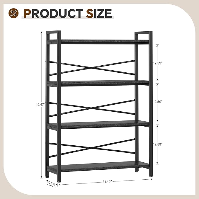 4 Tier Bookshelf 31.49" Width, Tall Book Shelf Storage and Organization, Wooden and Metal Industrial Bookcase, Large Book Shelves for Home Living Room Bedroom Office Storage(Black)
