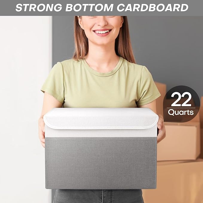 Bagnizer Large 22 Quart Linen Fabric Foldable Storage Bin Cube Organizer Basket with Flip-Top Lid & Handles, Clothes Blanket Box for Home, Office, Closet, Gray & White, 4 Pack 14.6 x 9.5 x 9.5”