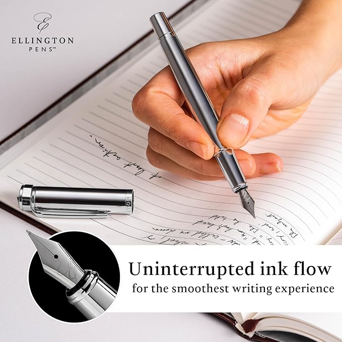 Ellington Pens Luxury Fountain Pen Set - Smooth Medium Nib- Includes 3 Ink Cartridges, Refillable Ink Converter, Gift Box- Fountain Pens For Writing, Calligraphy, Journaling, Sketching (Silver Sonata)