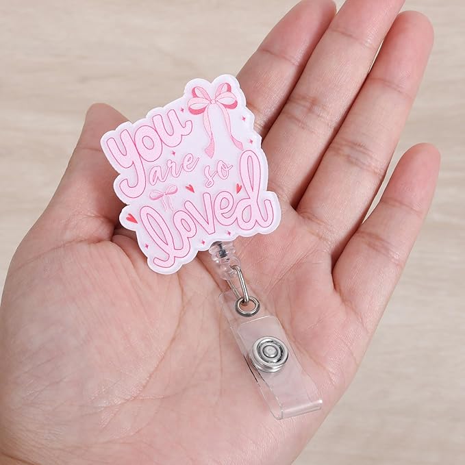 You are So Loved Cute Bow Nurse Badge Reel, Retractable ID Card Badge Holders, Work Badge Clip for Pediatric OBGYN ICU RN CNA LPN Social Workers Therapists Counselors Psychiatry Chaplains Oncology