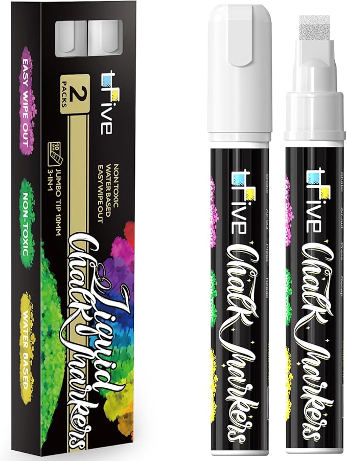 TFIVE White Liquid Chalk Markers - 2 Pack Jumbo Chalk Pens with 10mm 3 in 1 Nib Wide Tips, Dry & Wet Erase Marker Pens for Glass, Chalkboard, BlackBoard, Windows, Calendar, Pumpkin, Mirror