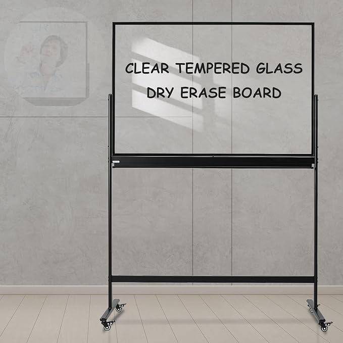 TSJ-OFFICE Rolling Clear-Glass Whiteboard on Wheels - 48" x 32" Mobile Dry Erase Board with Stand, Large Rolling White Board with 25 Sheets Paper Pad, Transparent Tempered Glass Board for Home Office