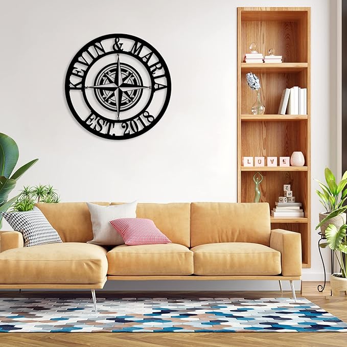 Metal Name Signs Personalized, Compass Metal Sign, Nautical Compass GPS Coordinates Metal Sign with Last Name Date, Personalized Wall Decor, Personalized Wedding Gift