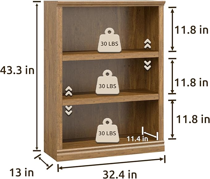 Bevfint 43 in Tall Bookcase, 3-Tier Bookshelf Open Storage, 33 inch Wide Floor Standing Indoor Furniture, Book Cases for Home School Library Office Bedroom Kids, Vintage Oak 3 Tiers