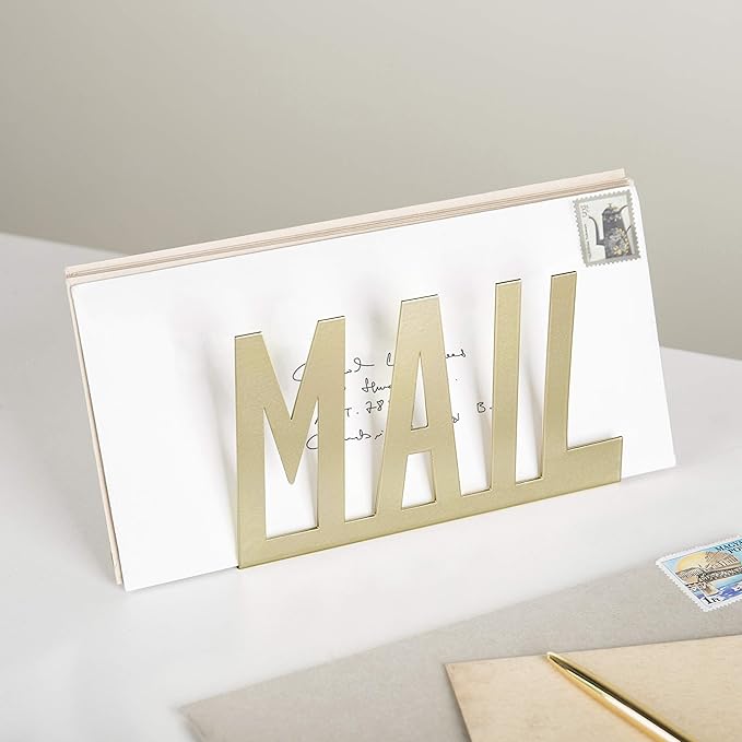 MyGift Mail Holder Organizer Countertop Modern Brass Metal with Cutout MAIL Lettering Design, Office Desktop Envelope and Document Storage Rack