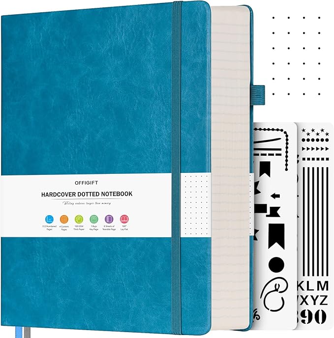 OFFIGIFT Bullet Dotted Journal, Large A4 Hardcover Leather Journal, 312 Numbered Pages Thick Journal, 100gsm No Bleed Paper Dot Grid Notebook for Women Men, 8.5'' × 11'', Blue