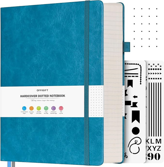 OFFIGIFT Bullet Dotted Journal, Large A4 Hardcover Leather Journal, 312 Numbered Pages Thick Journal, 100gsm No Bleed Paper Dot Grid Notebook for Women Men, 8.5'' × 11'', Blue