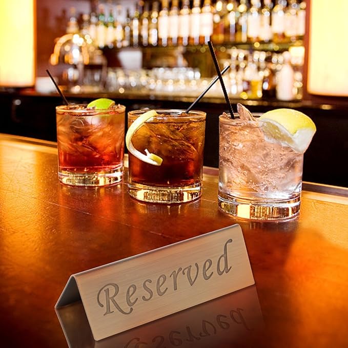 Reserved Sign - Brushed Stainless Steel Free Standing Table Top Compliance Sign - Double Sided - 4.7 By 1.6 Inch - Set of 2 - Copper