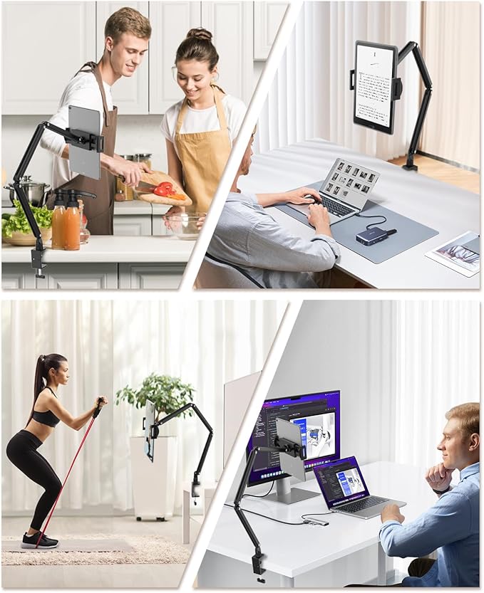 Tablet Stand for Desk/Bed, Adjustable iPad Holder Clamp Mount, Foldable Tablet Arm, 360° Rotation, Compatible with 5.7''-15.6'' IPhone, iPad Pro, Air, Mini, Kindle, Galaxy Tab, Nintendo Switch