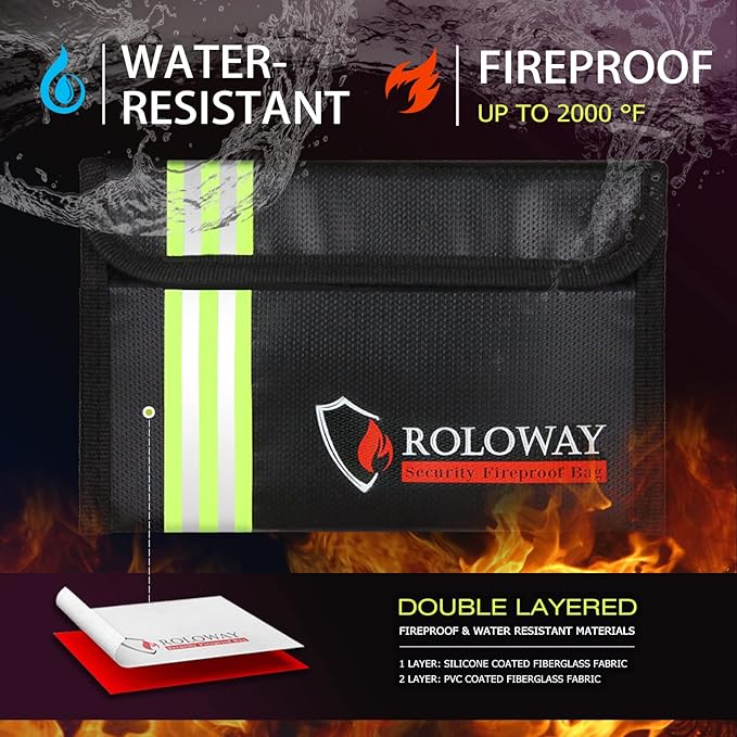 ROLOWAY Small Fireproof Bag (5 x 8 inches) with Reflective Strip, Non-Itchy Fireproof Money Bag, Fireproof Wallet Bag, Cash Fireproof Bag Set for Valuables - Passport, Currency & Keys (2-Pack Black)