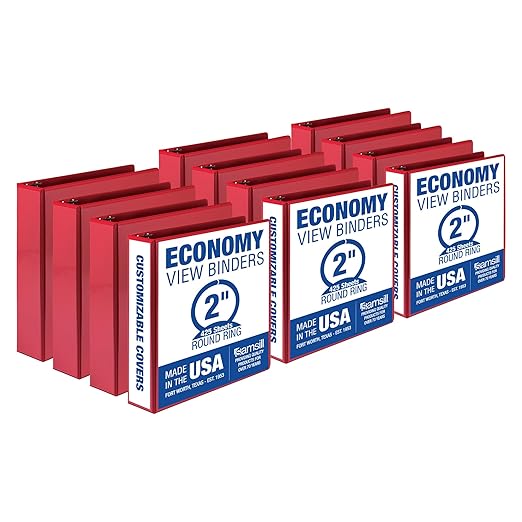 Samsill 2 Inch 3 Ring Binders, Made in USA, Economy Round Ring, Clear View Cover, 425 Sheet Capacity - for School, Home, Office - Red, 12 Pack