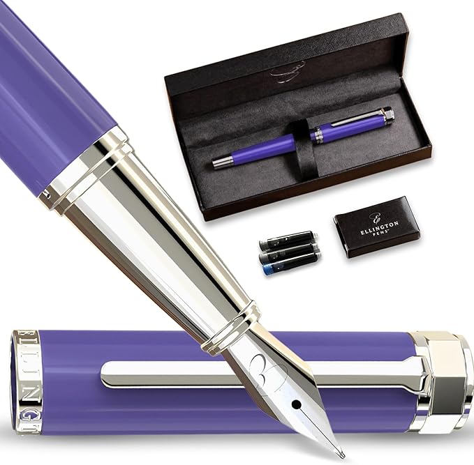 Ellington Pens Luxury Fountain Pen Set - Smooth Fine Nib - Includes 3 Ink Cartridges, Refillable Ink Converter, Gift Box - Fountain Pens For Writing, Calligraphy, Journaling, Sketching (Purple Haze)