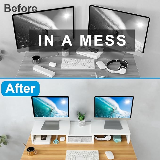 TEAMIX White Dual Monitor Stand Riser with Drawer - Length and Angle Adjustable Double Corner Desk Shelf Organizer 37 inch Long for 2 Laptop/PC/Screen/TV