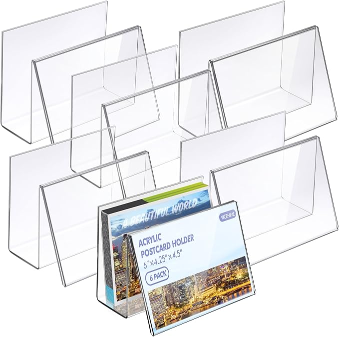 Crtiin 6 Pcs Clear Acrylic Postcard Holder Business Card Holder Greeting Card Display Clear Business Stand Rack for Index Organizer Desk Table Home Office, 6 x 4.25 x 4.5 Inches