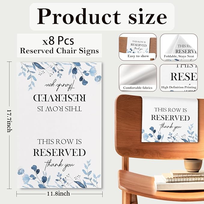 ChissNook Reserved Seating Chair Signs, This Row Is Reserved Pew Cloths Seating Placeholder for Church Pews, Wedding Decorations for Reception Parties Celebrations Event Meetings (8 PCS, Dusty Blue)