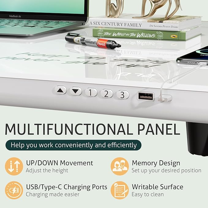 Furmax Glass Standing Desk with Drawers, Electric Adjustable Home Office Sit Stand Desk with One-Piece Desktop & USB Charging Port for Computer Desks