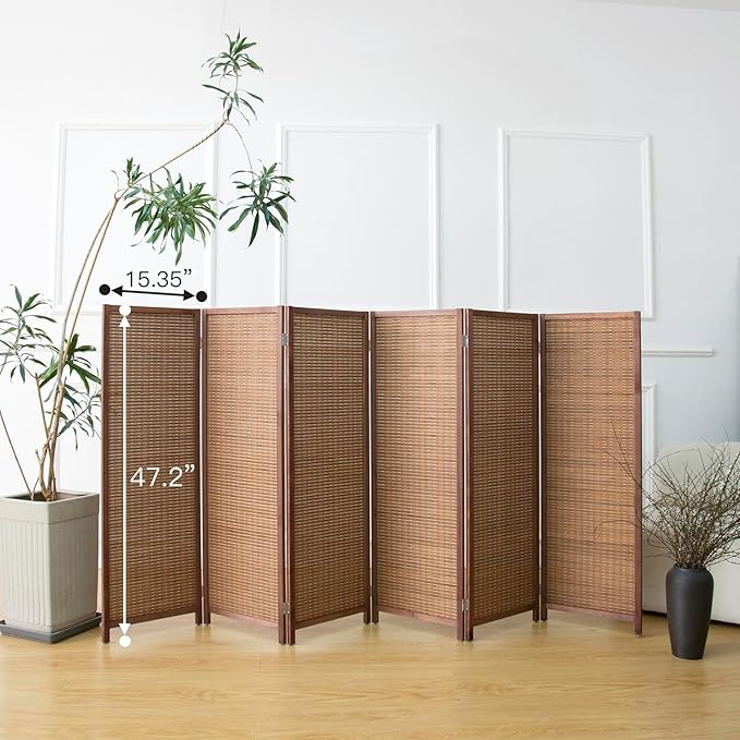 Furnnylane 6 Panel Short Room Divider Screen,Brown Freestanding Partition,Small Bamboo Panel Divider for Room Seperation,3.95 FT Tall