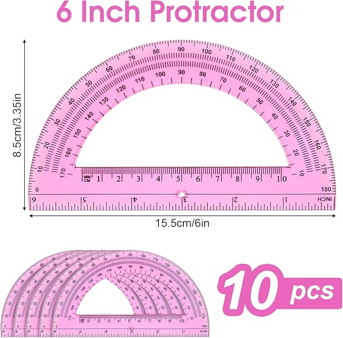 Hoiny 10 Pack Clear Protractor, 6 Inch Plastic Protractors, 180 Degrees Accurate Math Geometry Tools for School, Office, Classroom (Pink)
