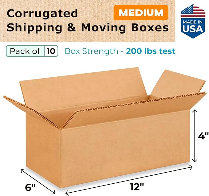 Medium Moving & Shipping Boxes 12x6x4 inches (10-Pack) - Extra Strength 200 lb vs Regular - Corrugated Medium Moving Boxes - Shipping Box for USPS, UPS, FedEx - Corrugated Box by IDL Packaging