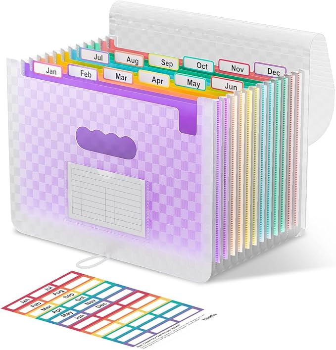 ThinkTex Accordion File Organizer, 12 - Pocket Expanding File Folders for Paper Receipts, Bills&Taxes Organizer, Letter/A4 Size Document Holder for School, Office, Home with Colorful tabs-Purple