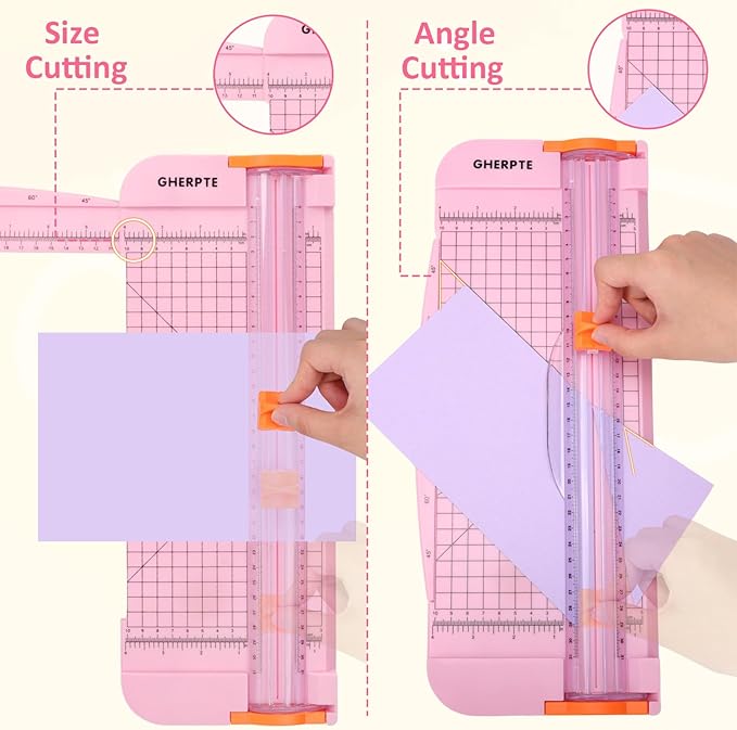 A4 Paper Cutter 12 Inch Titanium Paper Trimmer Scrapbooking Tool with 2pcs Replacement Blades with Automatic Safety Guard and Side Ruler for Craft Paper, Cardstock, Photo, Coupon, Label,Pink