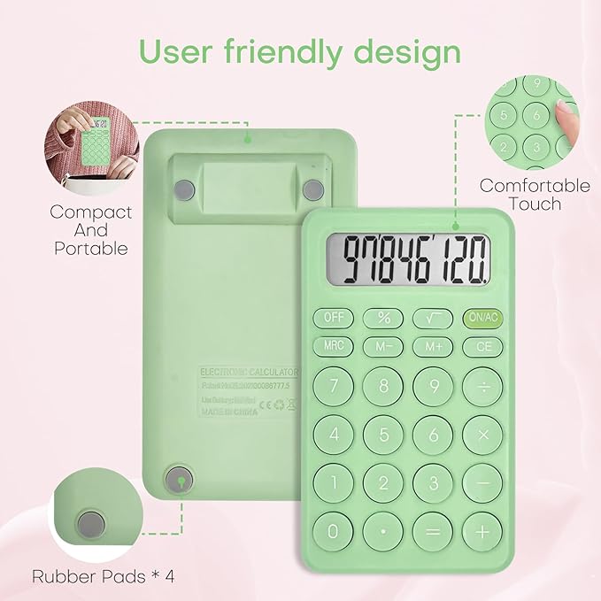 Cute Calculator, Basic Four Function Calculator for Teachers Students Basics Office, Small Handheld Calculators, 8 Digit with LCD Display, Sensitive Button, 5.5×3.2 inches Light Green