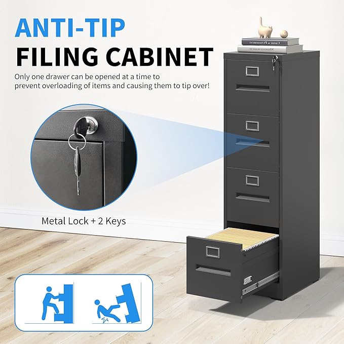 Yukimo 4 Drawer File Cabinet, Vertical File Cabinet with Lock, Metal Locking Filing Storage Cabinet for Home Office, Hanging Files for A4/ Legal/Letter, Assembly Required, Black