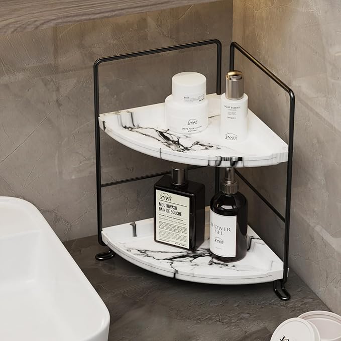 JANUSLiANG Small Corner Kitchen Organizer,Spice Rack,Bathroom Organizer, Countertop Makeup Shelf Cosmetics Storage Display Rack Vanity Shelf,Plastics imitation marble design,Tool-Less Install (Black)