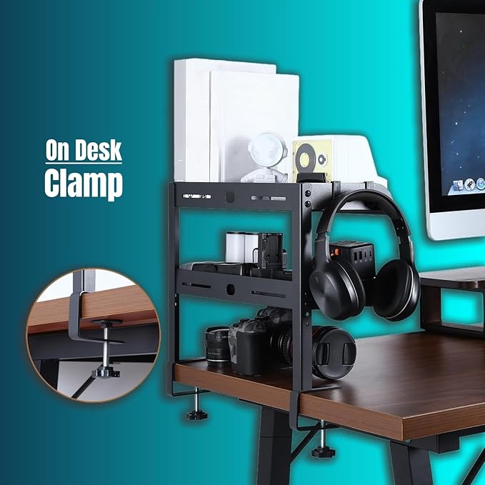 Yuxh Clamp On Desk Shelf 2 Tier Cilp Under Table Organizer, Black-S, 15 inch