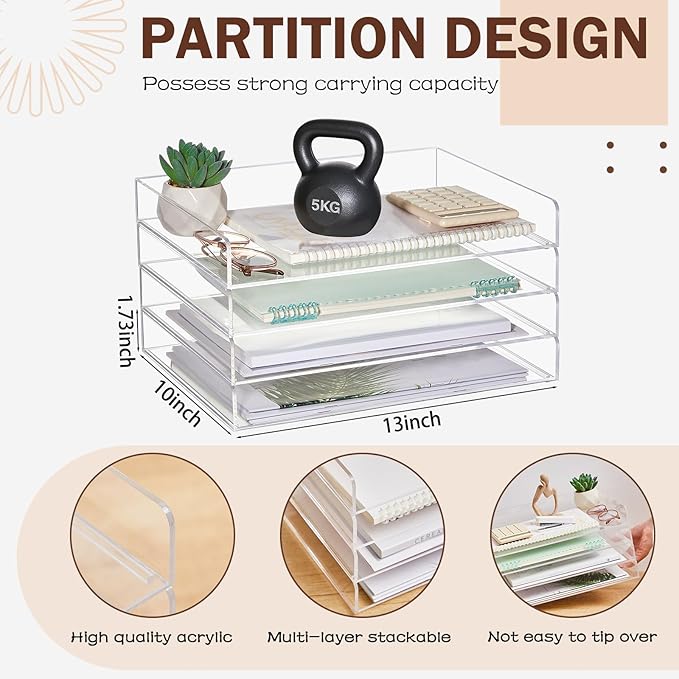 Harloon 4 Tier Acrylic Paper Tray 13 x 10 x 1.7 Inches Stackable Letter Clear Organizer No Need to Assemble Acrylic Paper File Organizer for Office Workspace Desktop Storage (Transparent)