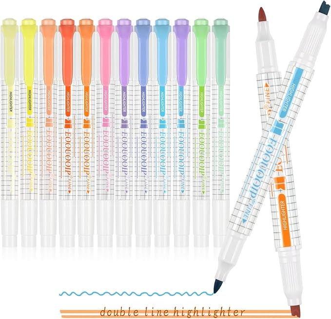 EooUooIP Dual-Tip Highlighter Set, 12 Pack, Pastel Highlighter Assorted Colors, Chisel and Fine Tips Bible Highlighters, No Bleed Highlighters Markers for Bible Journals Planners Books Notes