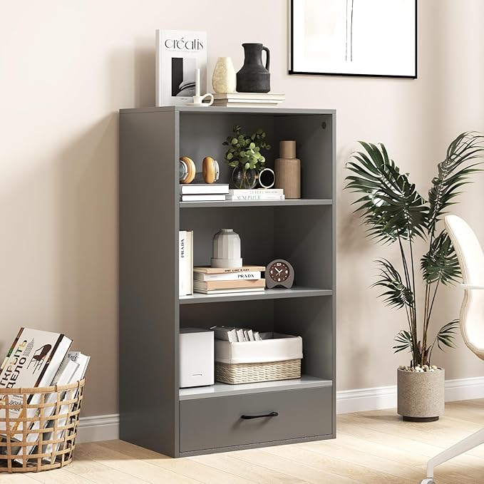 LOKO 4-Tier Bookcase with Storage Drawer, Modern Organizer Display Storage Shelves with Anti-toppling Device, Freestanding Bookshelf with 3 Open Shelves & 1 Drawer, Living Room, Study, Office (Grey)