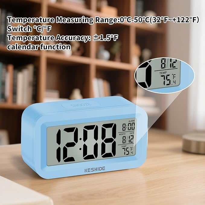 KESHIDE Travel Digital Alarm Clock Battery Operated with Indoor Temperature, Desk Small Clock,Snooze Model,12/24H Display for Bedrooms Heavy Sleepers Kids Travel Bathroom (Black)