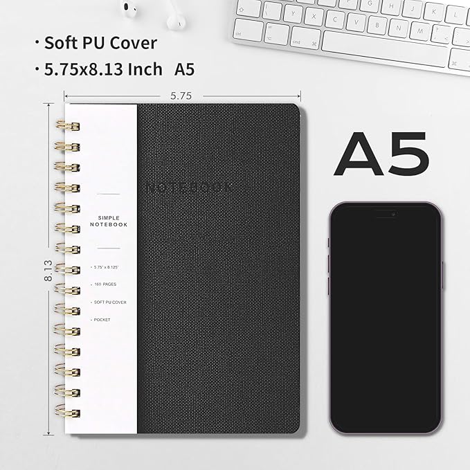 Oneirom Spiral Notebook-6.10" x 8.19" College Ruled Journal with Inner Pockets and 160 Pages,PU Leather Cover Business Journal, Twin-Wire Binding Notebook Perfect for Office & Home School Supplies