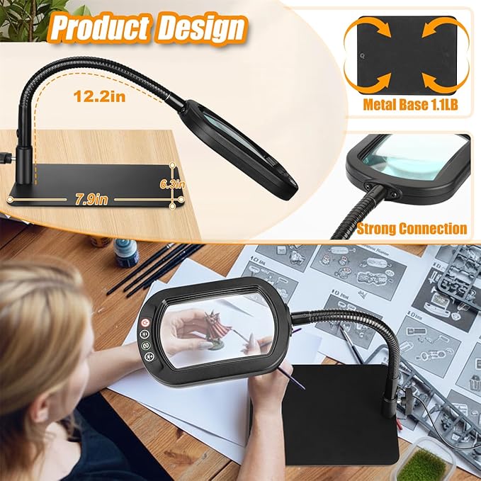 Veemagni 10X Rectangle Magnifying Glass with Light and Stand, Flexible Gooseneck LED Lighted Desk Lamp, 5 Color Modes Stepless Dimmable, Hands Free Magnifier for Reading Crafts Painting Close Work