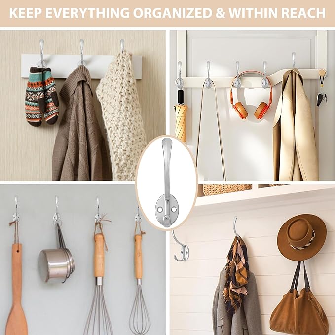 Homanu 14 Pack Coat Hooks Wall Mounted with 28 Screws, Heavy Duty Silver Towel Hooks Metal Double Hooks, No Rust Retro Rustic Wall Hooks for Hanging Towel, Coat, Scarf, Bag, Hat, Cup, Key