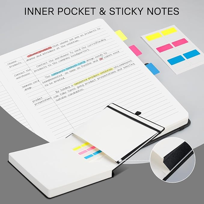 EMSHOI Meeting Notebook for Work with Sticky Tabs - 240 Pages, A4 Size Project Planner, PU Leather Meeting Agenda/Minutes Organizer for Women Men, Note Taking, Office & Business, 8.3"x11.7", Black