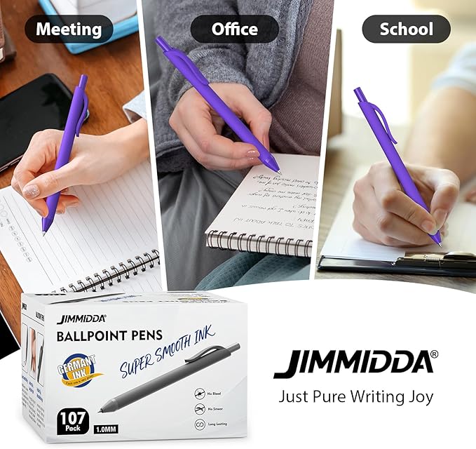 JIMMIDDA Ballpoint Pens Bulk - 107 Pcs Black Ink Pens in Bulk | 1.0 Medium Point Smooth Writing, Retractable No Bleed Ball Point Pen for Men Women (Purple Barrel)