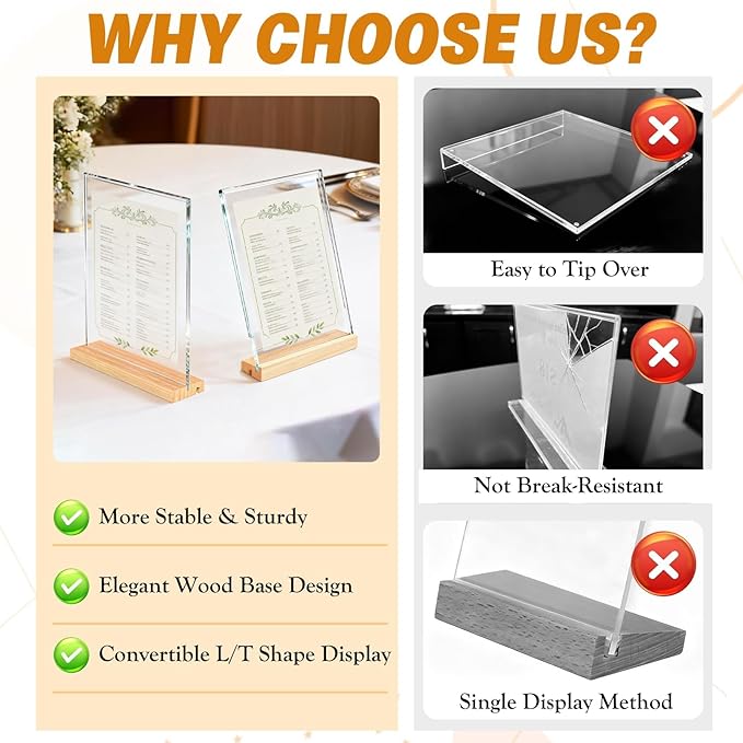 Acrylic Sign Holder 8.5" x 11" with Wooden Base, 4 Pack Adjustable Vertical/Tilt Acrylic Display Stands for Flyers, Menus, Picture Frames
