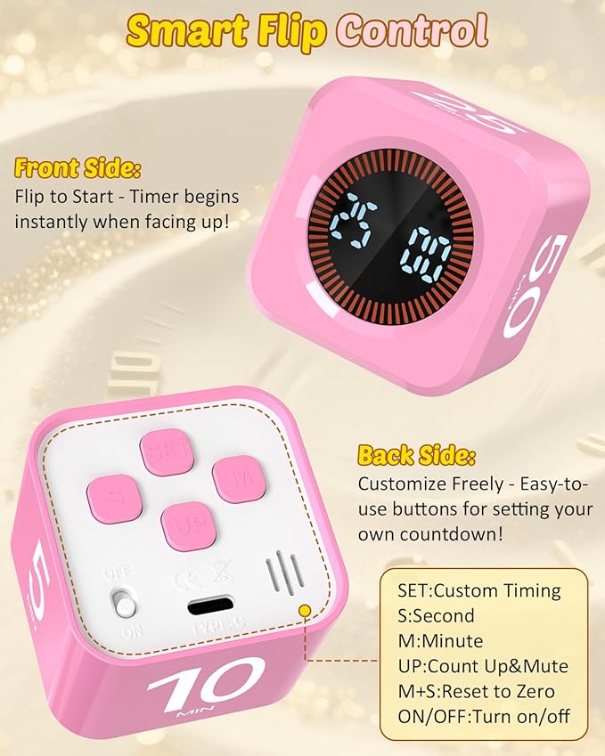 Digital Pomodoro Timer Cube 5/10/25/50min, Visual Productivity Flip Timer for Kids Classroom Desk, Custom Countdown, Silent and Sound Mode for ADHD Study Work Game Kitchen (Pink)