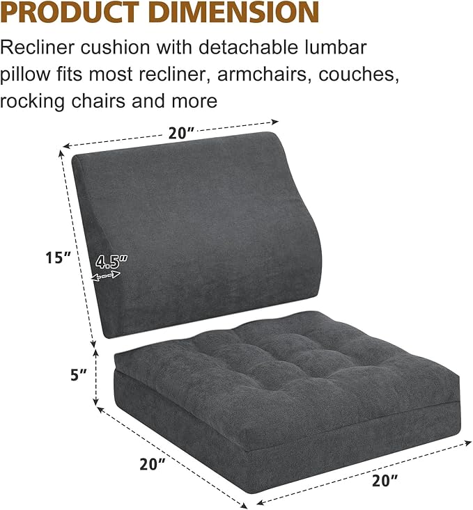 TANYOO Recliner Cushion for Elderly with Lumbar Support Pillow - 20x20x5 Inch Extra Thick Recliner Seat Cushion for Seniors Relief Back Pain and Tailbone Pain from Long Sitting Non-Slip Bottom