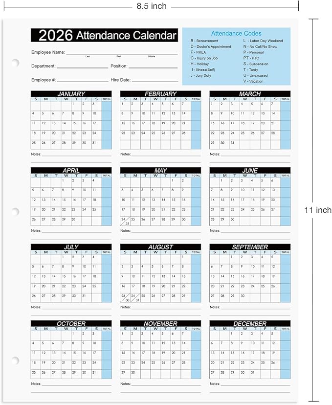 2026 Attendance Calendar Work Tracker Attendance Calendar Cards - 8.5 X 11 Cardstock/Pack of 25 Sheets