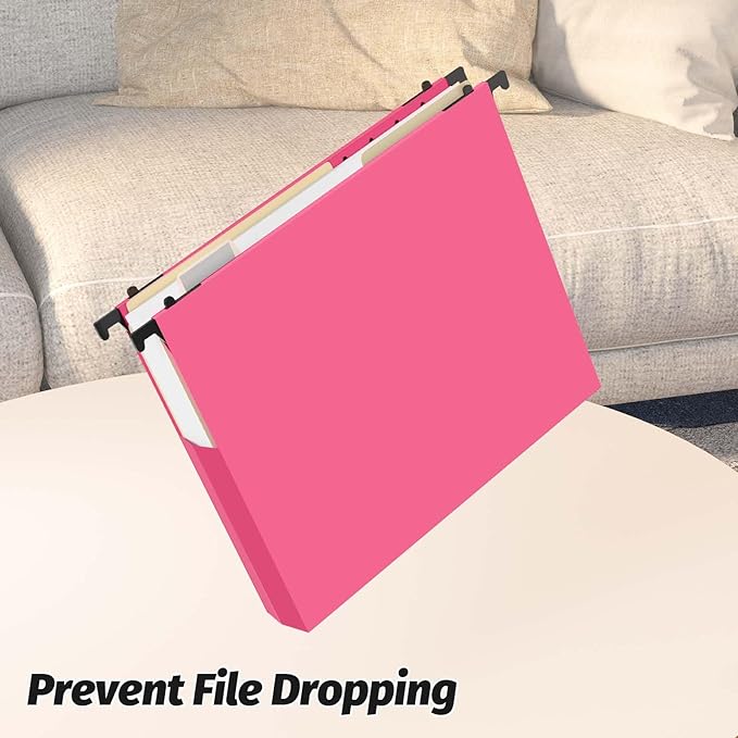Shutex Extra Capacity Plastic Hanging File Folders,12 Pack Reinforced Expanding Hang Folder Letter Size,Accordian Pocket,Heavy Duty 2 Inch Expansion, Hard Hanging Folder Organizer for Office Home,Pink