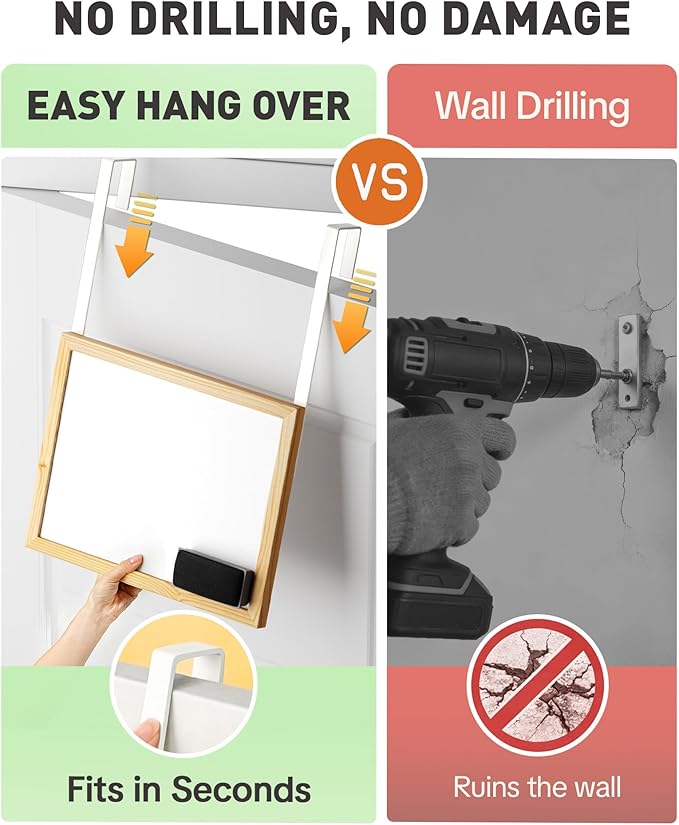 Over The Door Whiteboard, 16"x12" Wooden Dry Erase Board with 2 Hanging Rods, Small White Board for Door, Cubicle Whiteboard for Home, Office, Dorm, No Drills