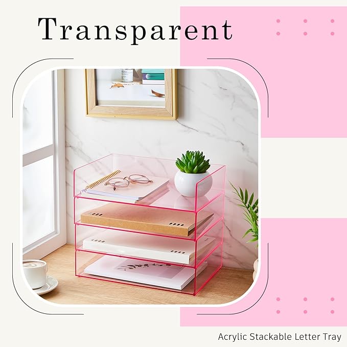Harloon 4 Tier Acrylic Paper Tray 12.4 x 8.7 x 2.7 Inches Stackable Letter Clear Organizer No Need to Assemble Acrylic Paper Organizer File Tray for Office Workspace Desktop Storage(Transparent Pink)